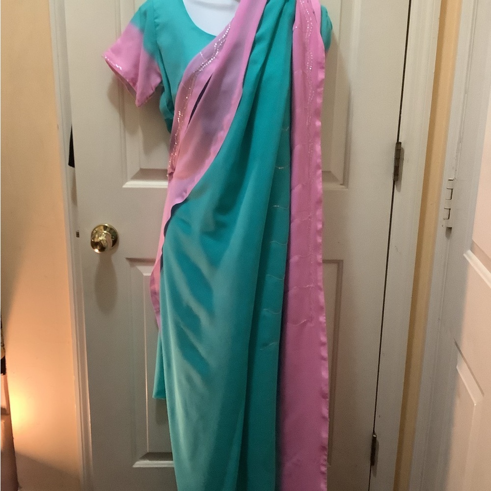 Elegant Pink and Teal Sari